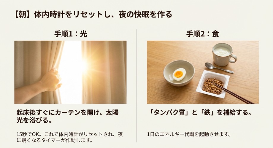 卵、納豆、プロテインなどの朝食イメージ。タンパク質と鉄分を補給し、代謝エンジンを起動させる