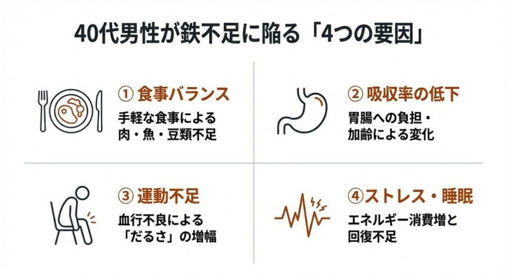 食事バランス、吸収率、運動不足、ストレスの4つの要因を示すアイコン一覧