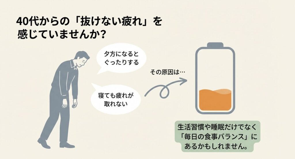 40代からの「抜けない疲れ」の原因が、睡眠だけでなく毎日の食事バランスにあることを解説するスライド