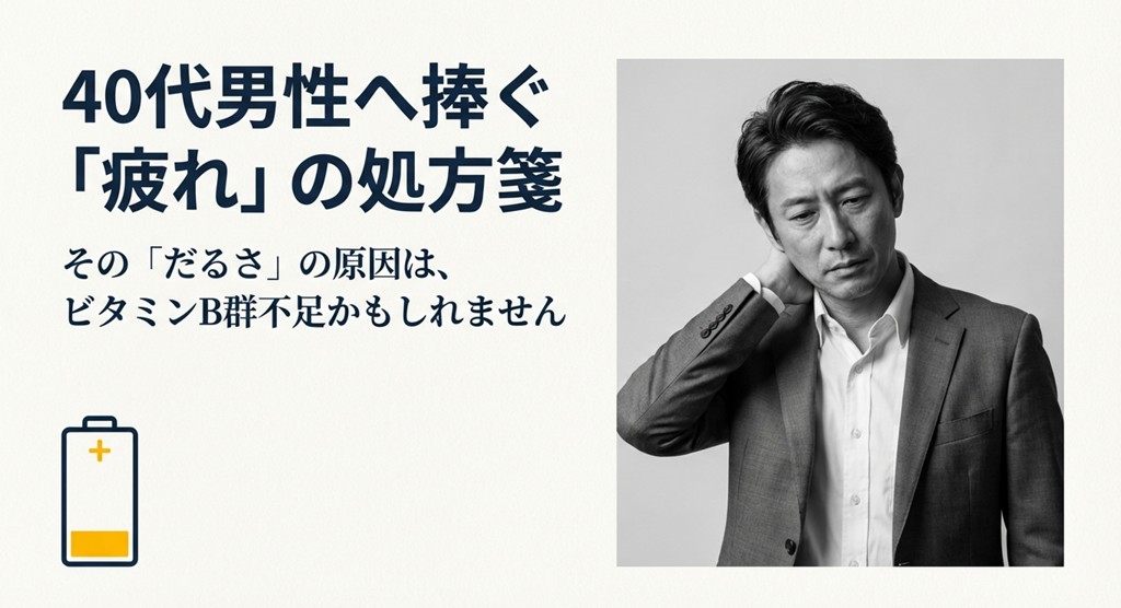 首筋に手を当てて疲労を感じている40代男性のモノクロ写真。「疲れの処方箋」タイトル