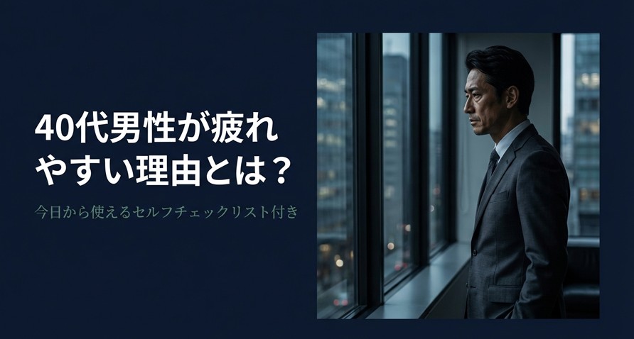 窓の外を見つめるスーツ姿の40代男性。40代男性が疲れやすい理由とセルフチェックリストの表紙