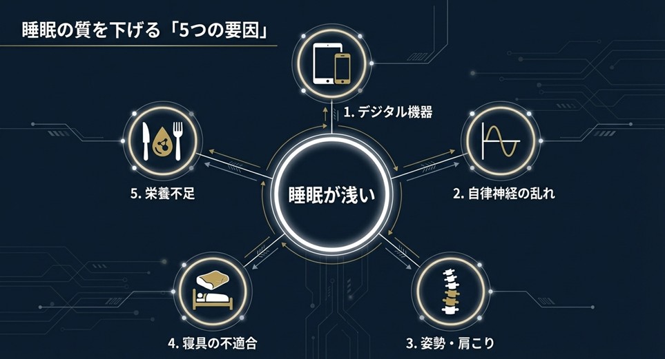 睡眠の質を下げる5つの要因(デジタル、自律神経、姿勢、寝具、栄養)を示すネットワーク図
