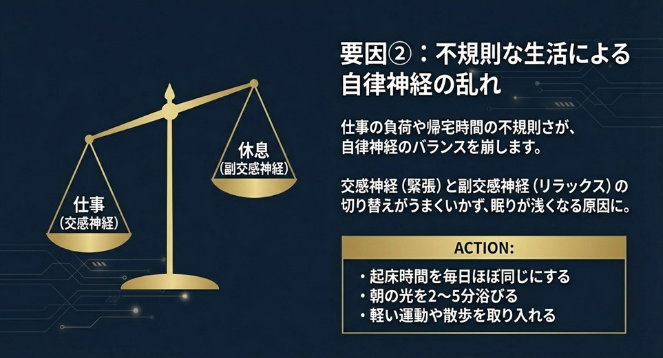 仕事(交感神経)と休息(副交感神経)の天秤。不規則な生活が自律神経のバランスを崩す様子