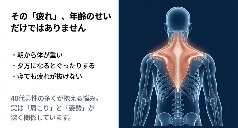 首から背中にかけての筋肉が赤く緊張している男性の後ろ姿。寝ても疲れが抜けない40代男性の悩み