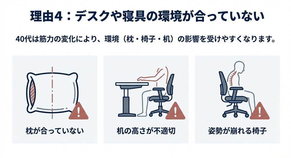 合わない枕、高すぎる机、姿勢が崩れる椅子のアイコン。40代は環境の影響を受けやすくなることへの警告