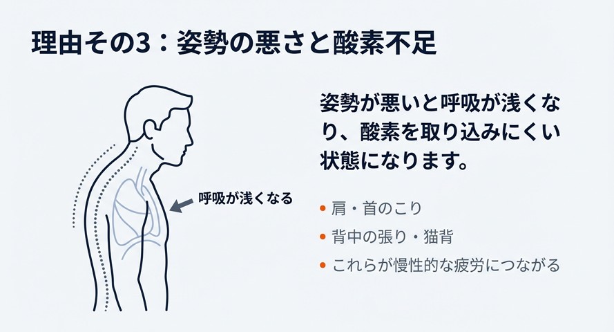 猫背のシルエットと肺のイメージ。姿勢の悪さが呼吸を浅くし、酸素不足と慢性疲労を招く
