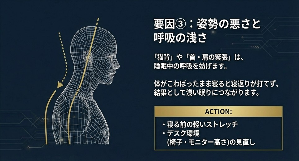 猫背のワイヤーフレーム図。姿勢の悪さが呼吸を浅くし、睡眠の質を下げるメカニズム