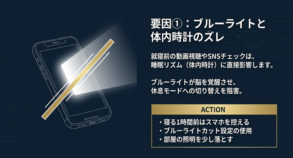 スマートフォンから発せられるブルーライトのイラスト。就寝前のスマホが体内時計を狂わせる仕組み