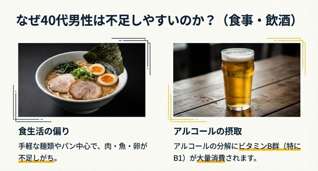ラーメンとビールの写真。糖質中心の食事とアルコール摂取がビタミンB群を大量消費することを示す
