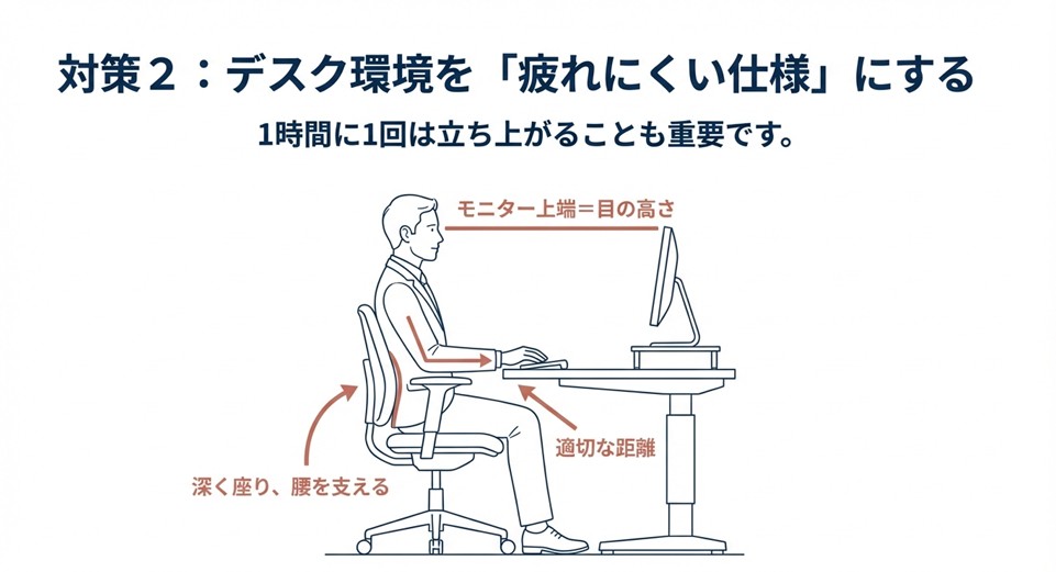 正しいデスクワークの姿勢（モニターの高さ、腰のサポート、距離）を示した図解