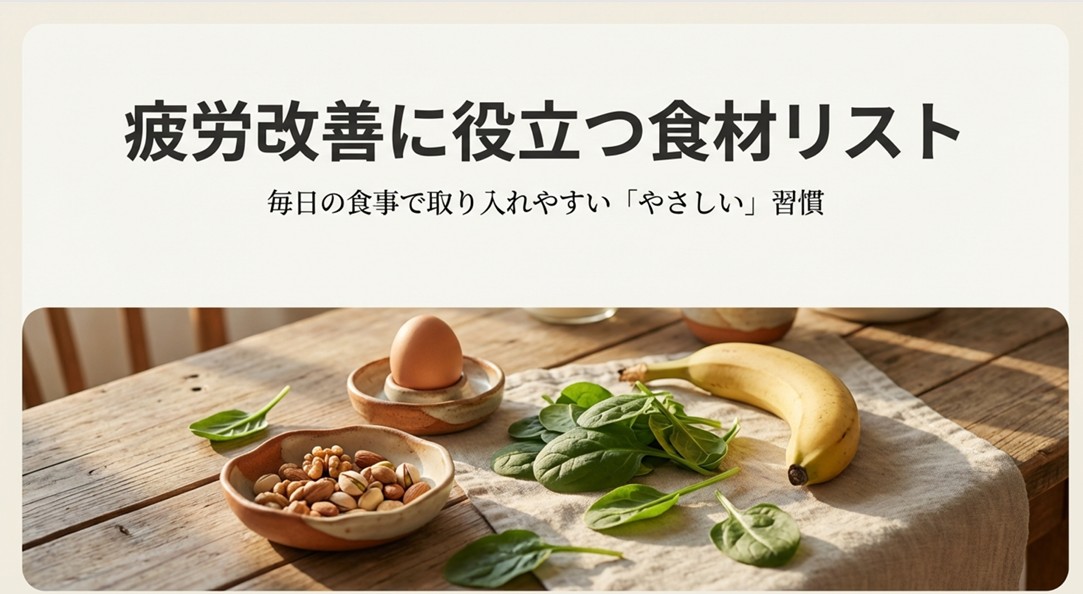 テーブルに置かれた卵、バナナ、ナッツ、ほうれん草などの食材。疲労改善に役立つ食材リストの表紙