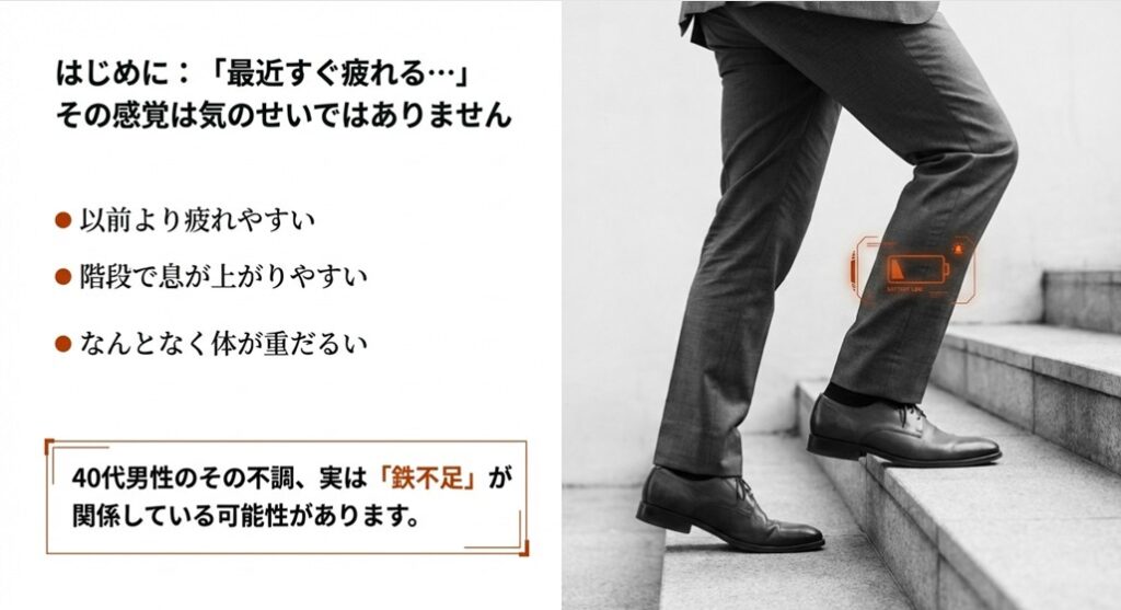 階段で息が上がる、体が重だるいなど、40代男性が感じがちな鉄不足の初期症状イメージ