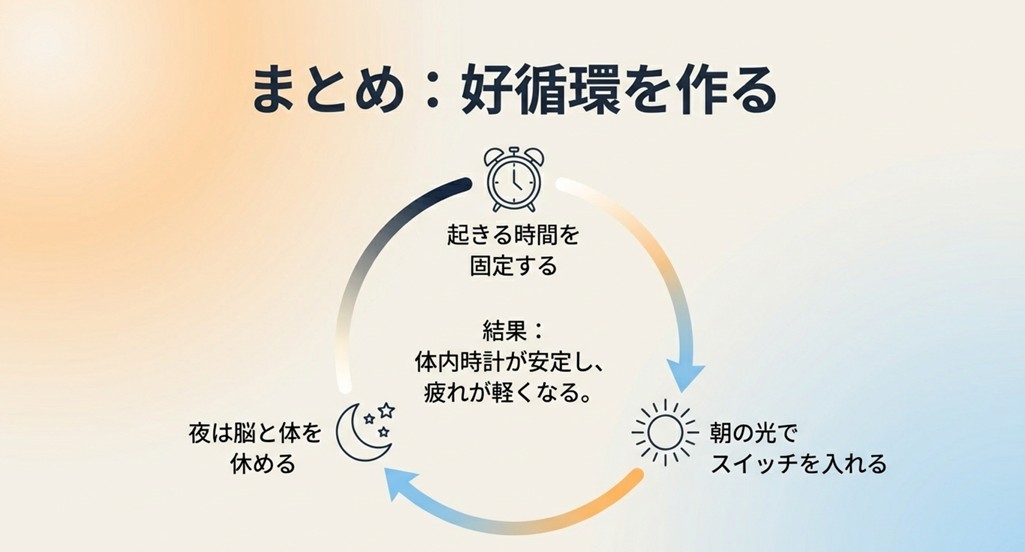 起床固定、朝の光、夜の休息が作る「好循環」のサイクル図。体内時計が安定し疲れが軽くなる