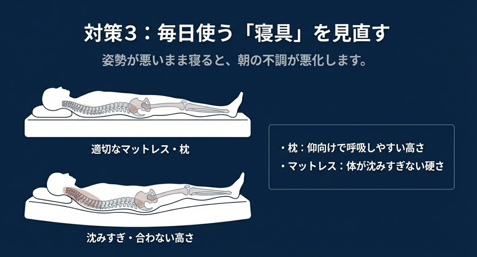 寝ている時の理想的な背骨のライン（S字カーブ）を示した図。枕の高さとマットレスの重要性