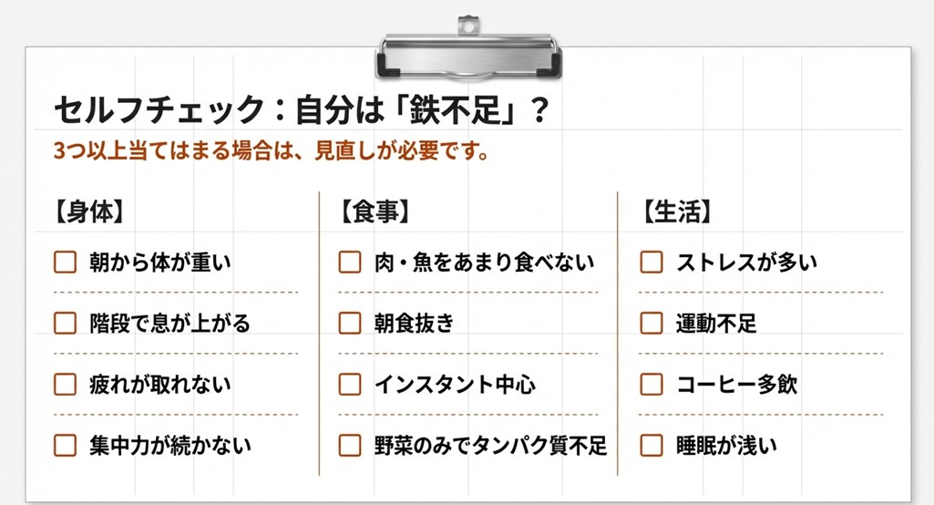 身体・食事・生活習慣の3カテゴリで鉄不足を確認するセルフチェックリスト