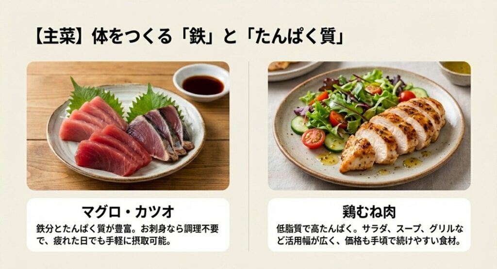 マグロの刺身と鶏むね肉のサラダの写真。体をつくる鉄分とたんぱく質が豊富な主菜食材