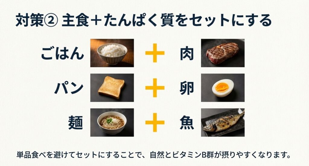 ごはん、パン、麺に肉、卵、魚を組み合わせるセットメニューの図。単品食べを避けるコツ