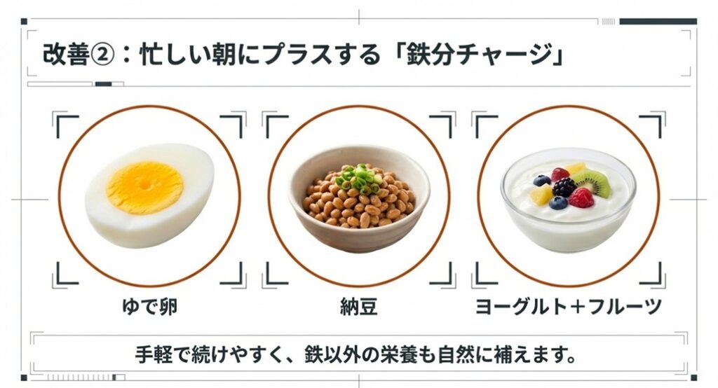ゆで卵、納豆、フルーツヨーグルトの写真。忙しい朝でも手軽に追加できる鉄分食材の例