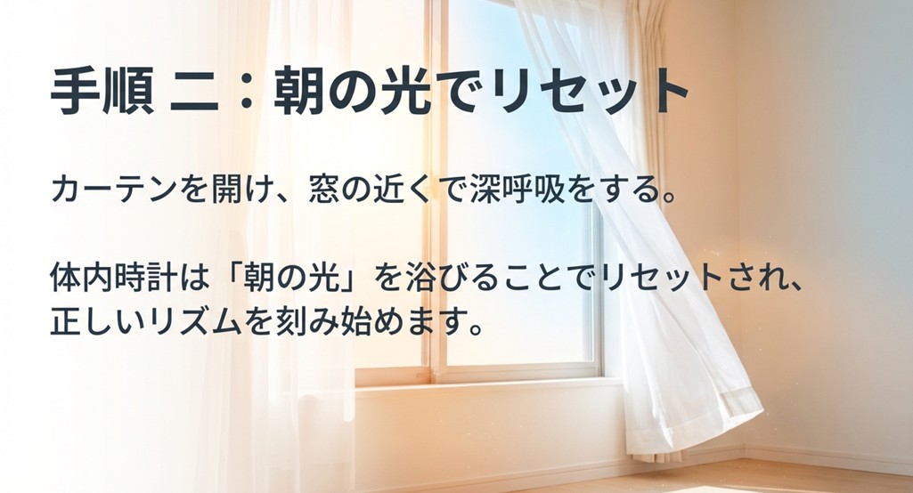 窓を開けて朝の光を浴びるシーン。朝日で体内時計をリセットし、正しいリズムを刻ませる
