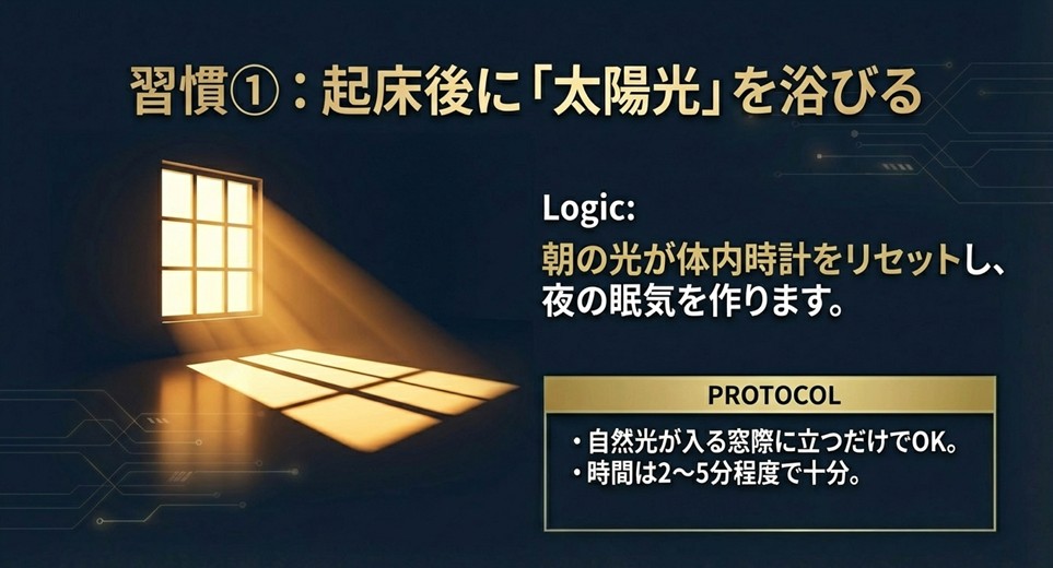 朝の光を浴びて体内時計をリセットすることの重要性を説くスライド