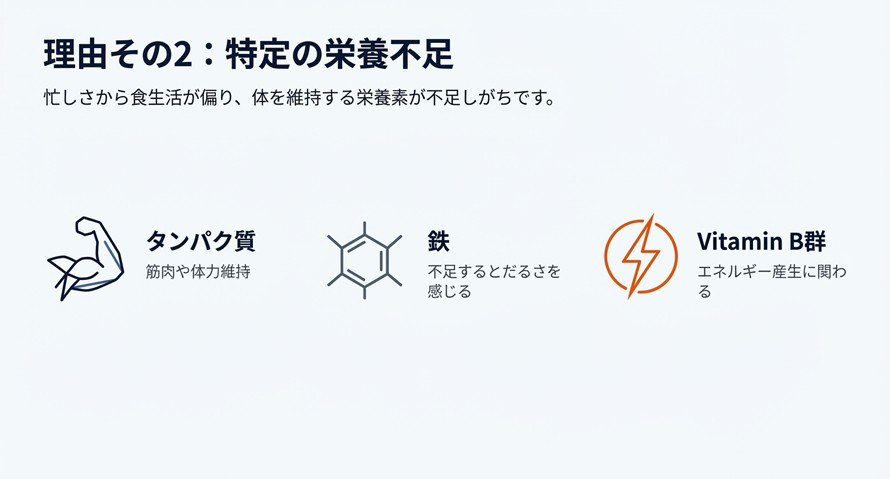 筋肉（タンパク質）、分子構造（鉄）、稲妻（ビタミンB群）のアイコン。40代に不足しがちな3大栄養素