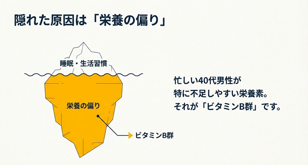 栄養バランスの偏りを示す図。忙しい40代男性に不足しやすいビタミンB群の紹介