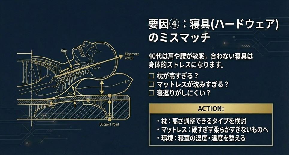 枕の高さと首の隙間(ギャップ)を示す断面図解。合わない寝具が身体的ストレスになることを説明