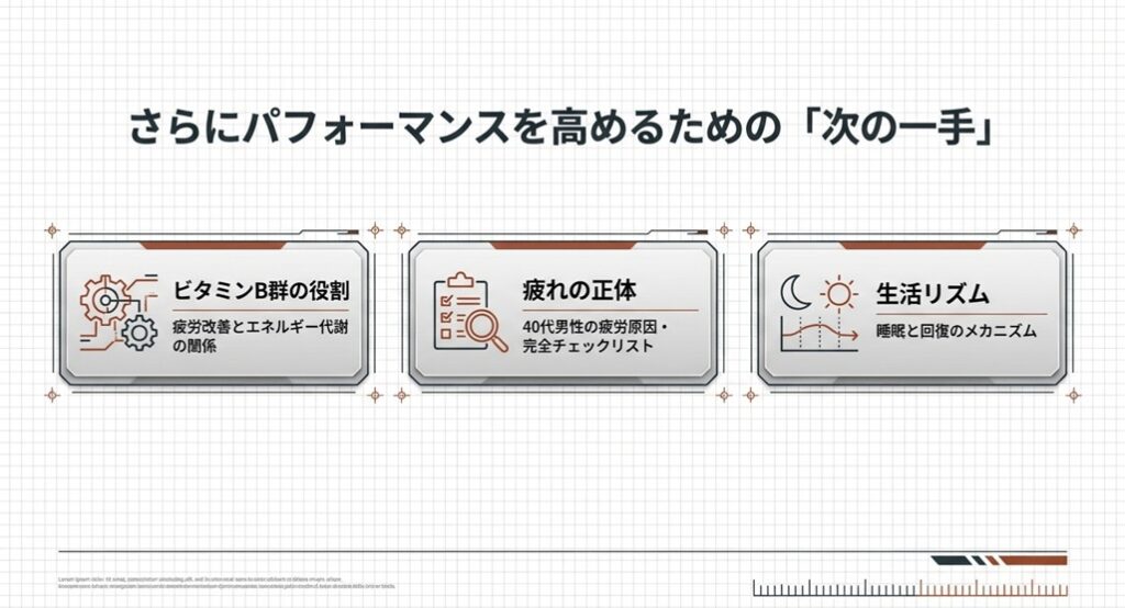 ビタミンB群、疲労の正体、生活リズムなど、次に関連して読むべき記事へのナビゲーション