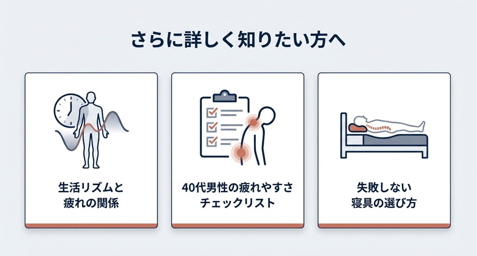 体内時計（生活リズム）、寝具の選び方、チェックリストなど、他記事へのリンク用バナー画像