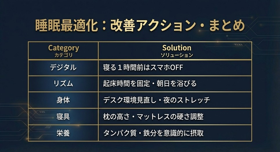 デジタル、リズム、身体、寝具、栄養の5カテゴリ別改善アクションをまとめた一覧表