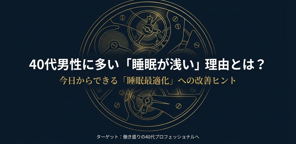 精密な時計の内部機構のアップ画像。体内時計の仕組みと40代男性のための睡眠最適化戦略のタイトル