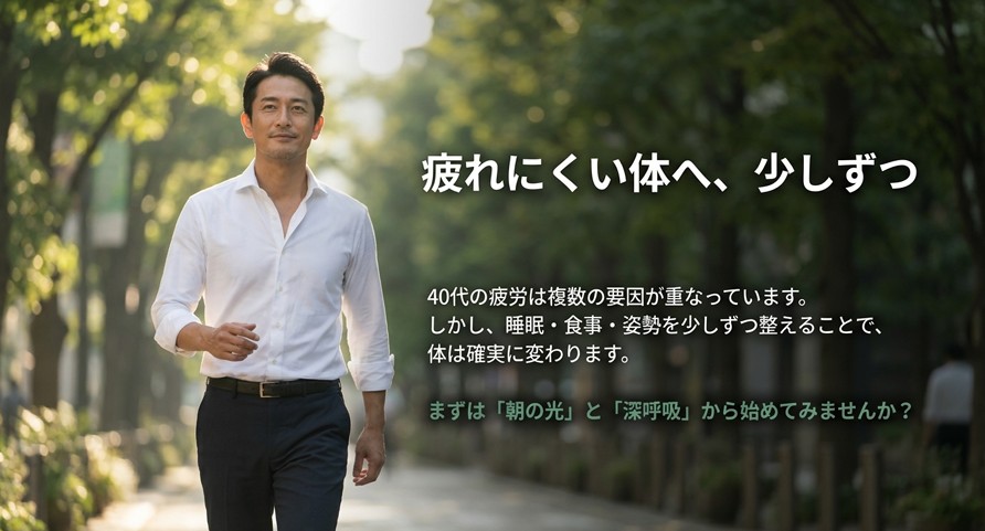 「疲れにくい体へ、少しずつ」というメッセージ。まずは朝の光と深呼吸から始める提案