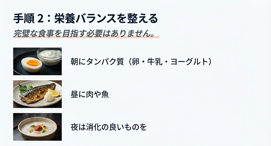 ゆで卵、焼き魚、お粥の写真。朝はタンパク質、昼は肉魚、夜は消化の良いものを選ぶ食事法