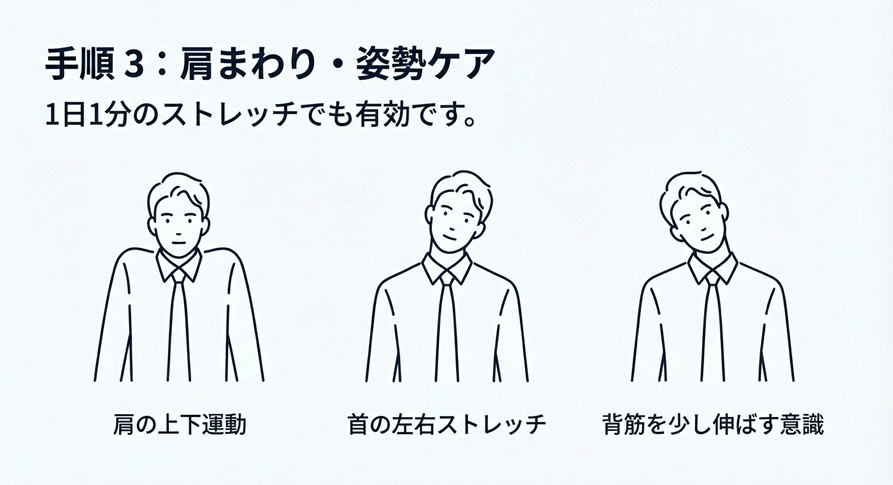 首と肩をストレッチする男性のイラスト。1日1分のケアで姿勢と血流を改善する