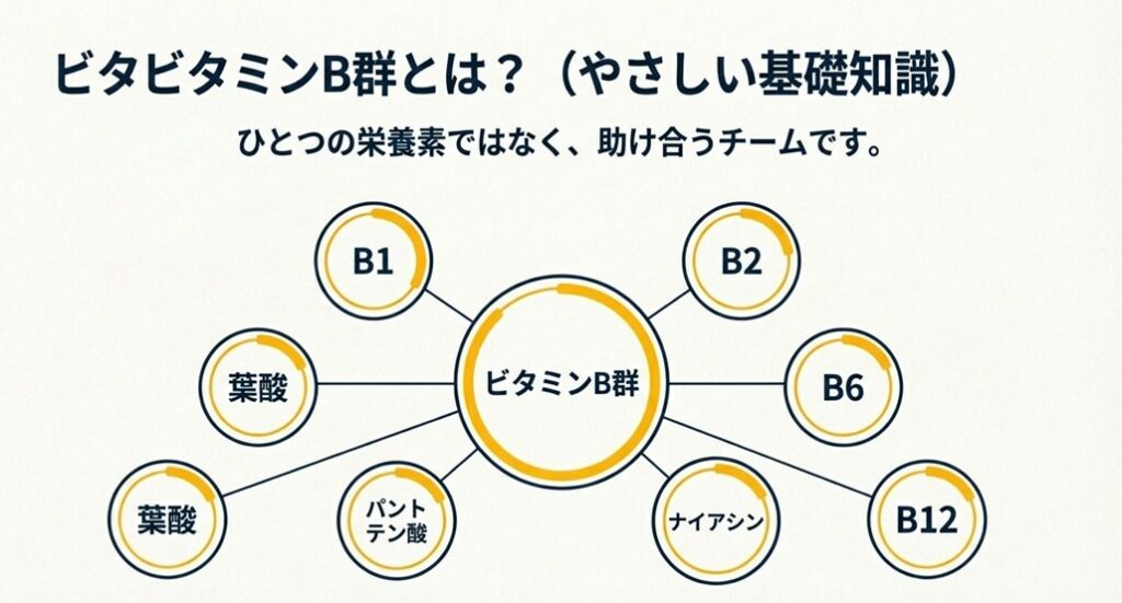 ビタミンB1、B2、B6、B12、葉酸、ナイアシンなどが連携するチームであることを示す相関図