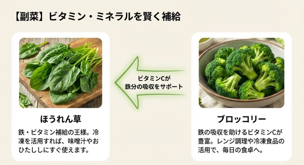 新鮮なほうれん草とブロッコリーの写真。鉄分の吸収を助けるビタミンCが豊富な野菜