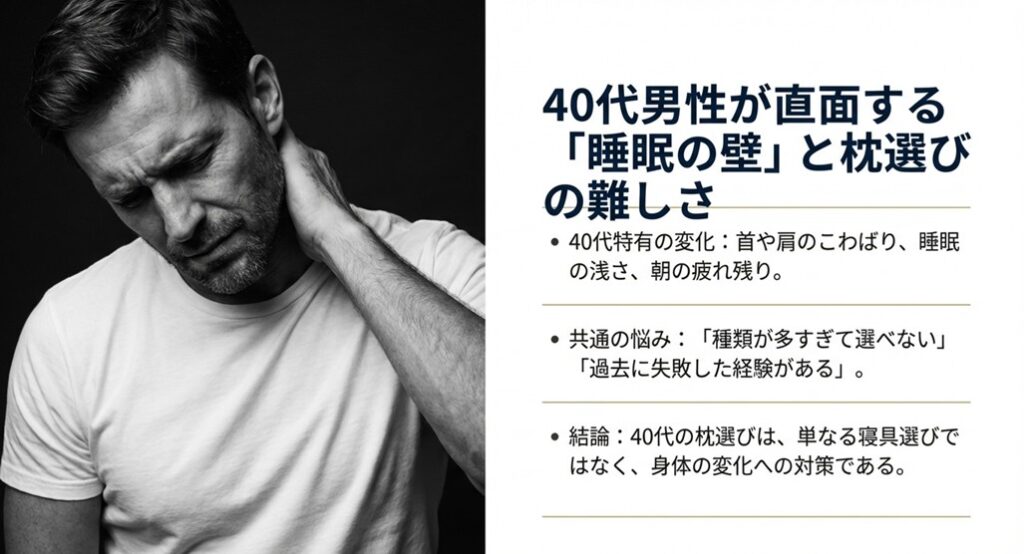 首を押さえて苦痛な表情を浮かべる40代男性。睡眠の浅さや朝の首・肩のこわばりに悩む様子