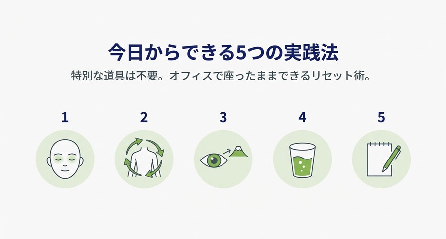オフィスで座ったままできる5つのリセット術を表すアイコン（顔、体、メモなど）