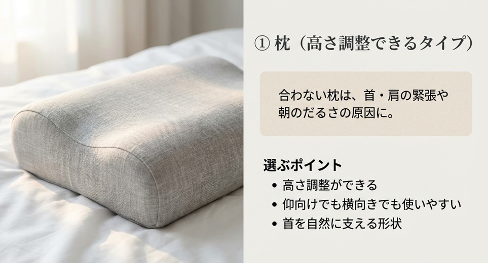 高さ調整ができる枕のイラスト。合わない枕が首や肩の緊張、朝のだるさの原因になることを解説