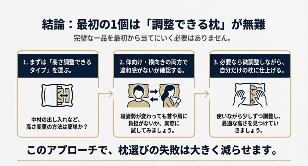 仰向け・横向きの両方で高さを確認し、微調整して自分だけの枕を作るプロセスの図