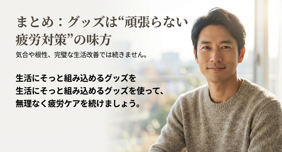 グッズは「頑張らない疲労対策」の味方であるというまとめメッセージ。無理なく続けるためのツール活用