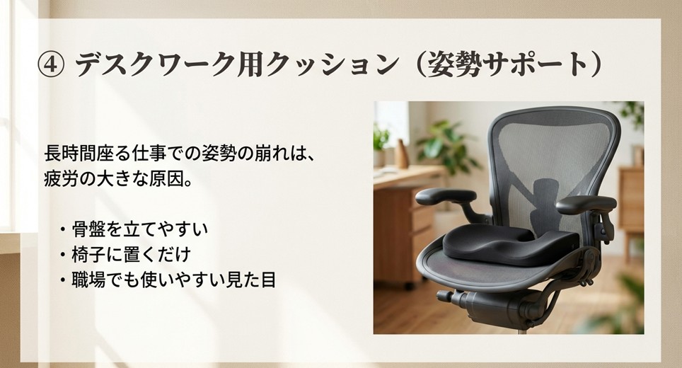 高機能なオフィスチェアと骨盤サポートクッションの写真。置くだけで骨盤を立てて姿勢崩れを防ぐ