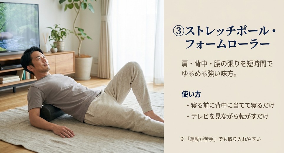 ストレッチポールやフォームローラーの解説。寝る前に背中に当てるだけで背中の張りを緩める