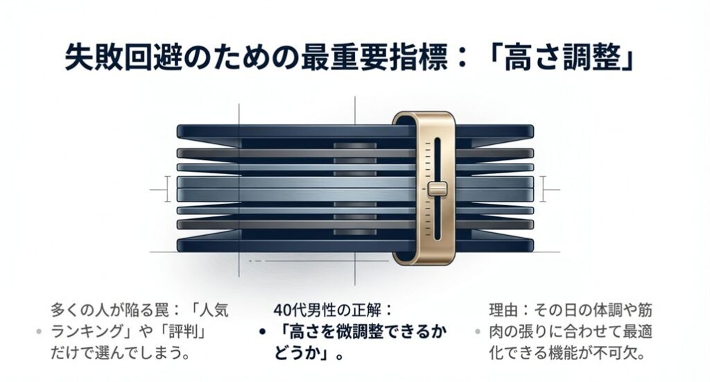 高さをミリ単位で調整できる枕の構造図。失敗しないための最重要指標は「高さ調整機能」であることを説明