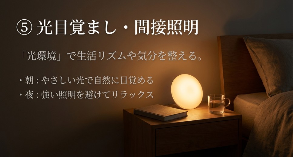 やさしい光の目覚まし時計や間接照明。光環境を整えて自然な目覚めとリラックスを作る