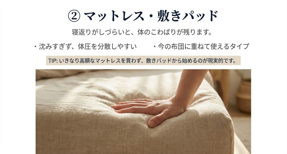 マットレスに手を押し当てて弾力を確かめる写真。今の布団に重ねて使える体圧分散敷きパッドの提案