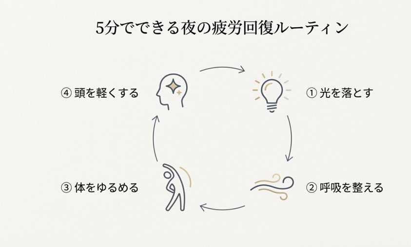 夜の5分ルーティン（光・呼吸・体・頭）が翌朝のラクさにつながるイメージ画像