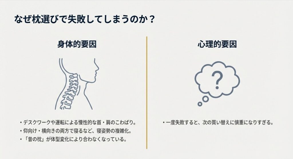 枕選びで失敗する身体的要因（体型変化）と心理的要因（過去の失敗）の解説図