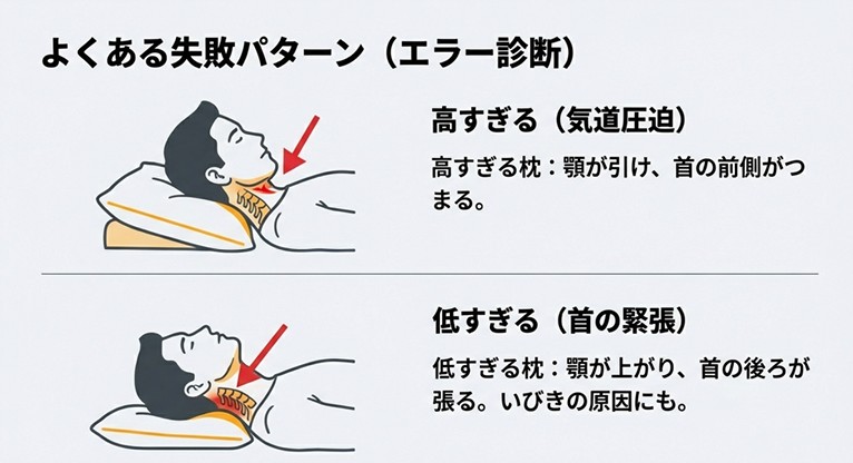 枕が高すぎる・低すぎる場合の首の角度と気道圧迫