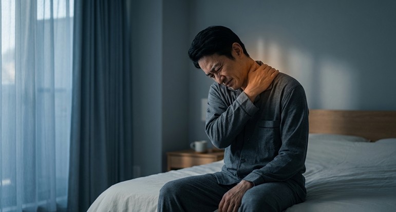 首の痛みに悩む40代男性と枕選び